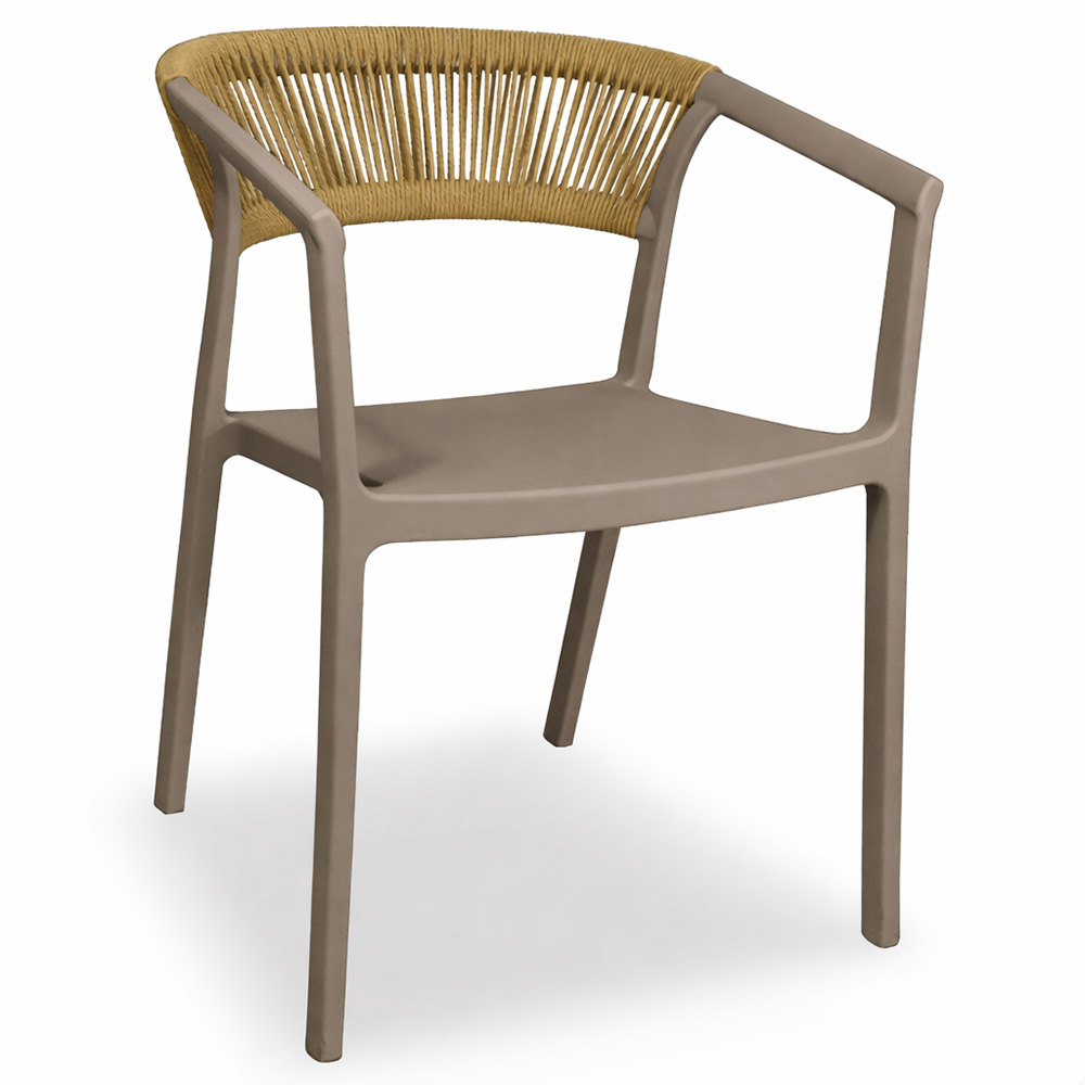 Sedie da bar sety in plastica tortora con schienale curvo a corda beige .